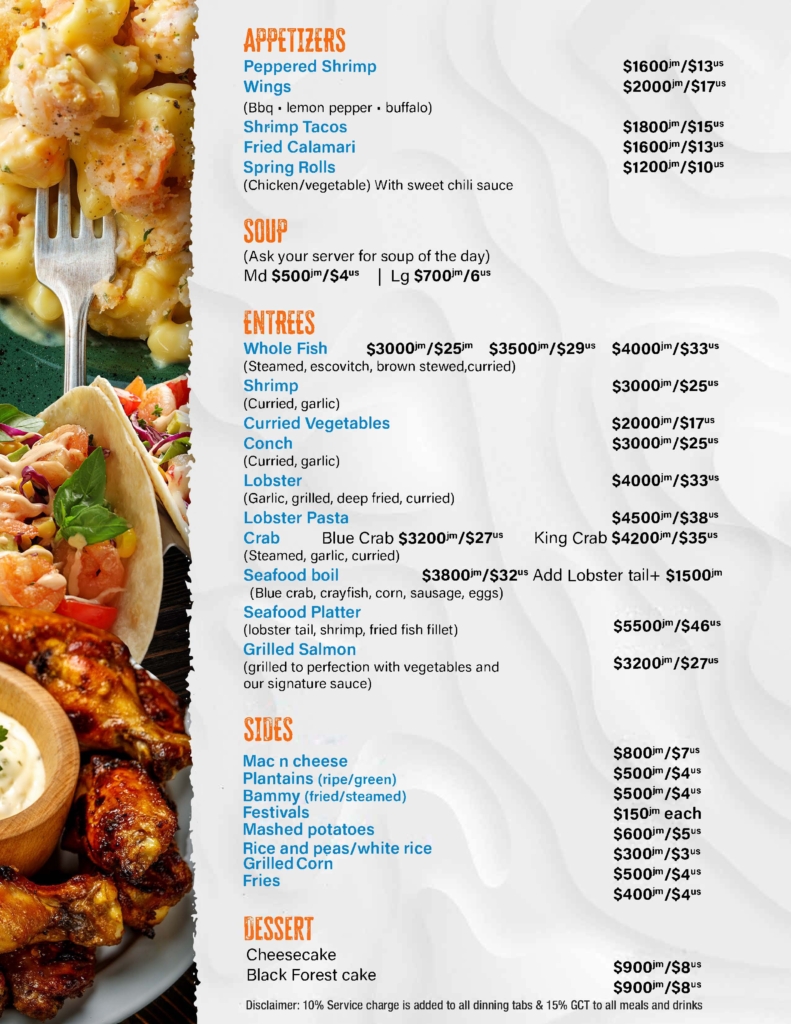 Menu Sharkies Seafood Restaurant Kingston Jamaica